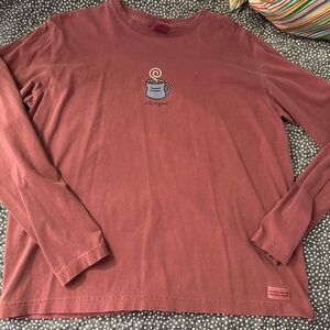 Life Is Good Long Sleeve Tee in Dusty Rose with Coffee Cup Graphic